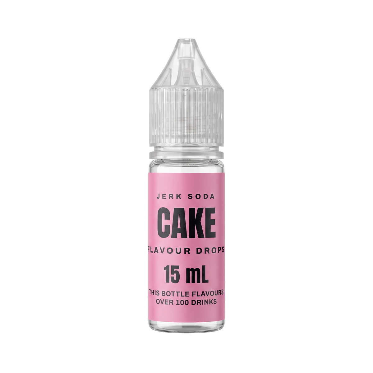 A 15 mL bottle of Jerk Soda Cake Flavour Drops, pink label, clear dropper cap
