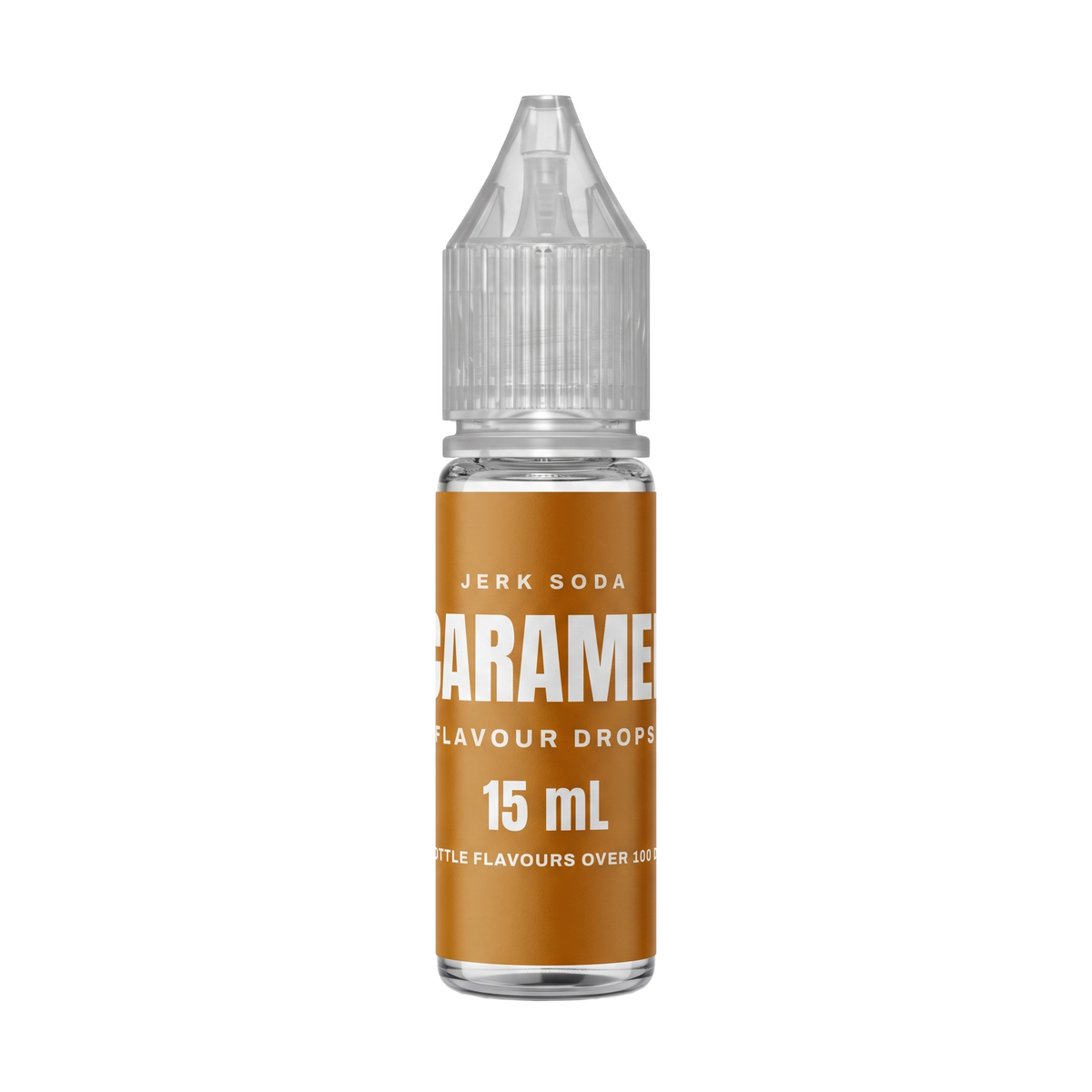 A 15 mL bottle of Jerk Soda Caramel Flavour Drops, amber label, clear dropper cap