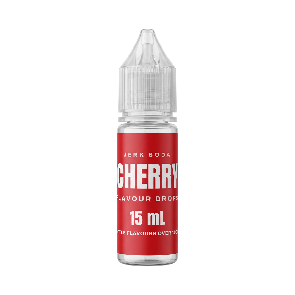 A 15 mL bottle of Jerk Soda Cherry Flavour Drops, red label, clear dropper cap