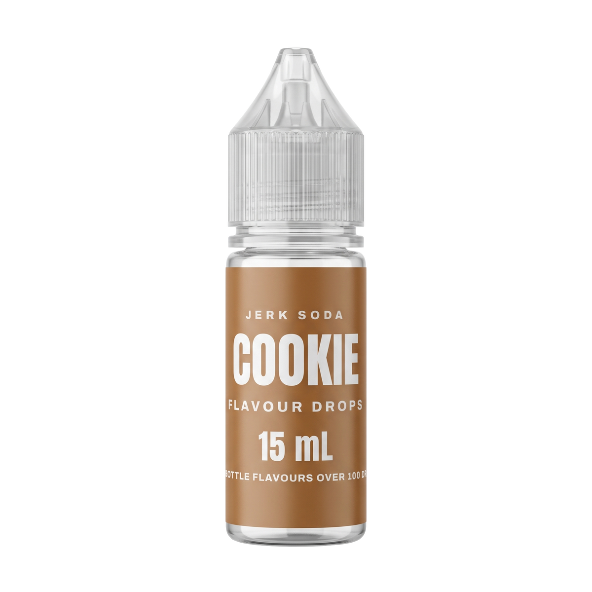 A 15 mL bottle of Jerk Soda Cookie Flavour Drops, brown label, clear dropper cap