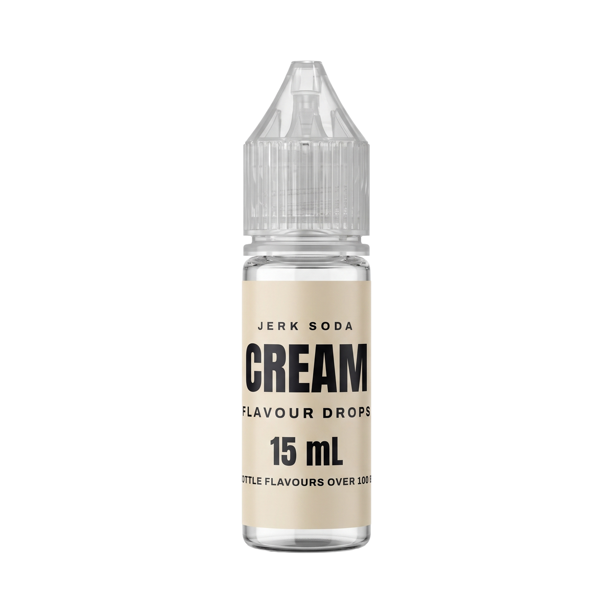 A 15 mL bottle of Jerk Soda Cream Flavour Drops with a clear dropper cap