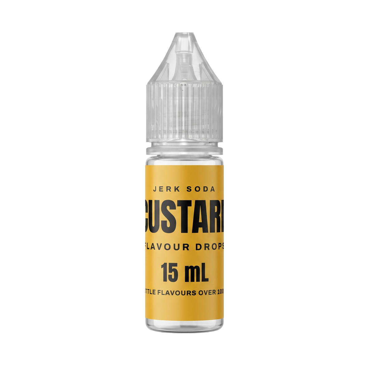 A 15 mL bottle of Jerk Soda Custard Flavour Drops, yellow label, clear dropper cap