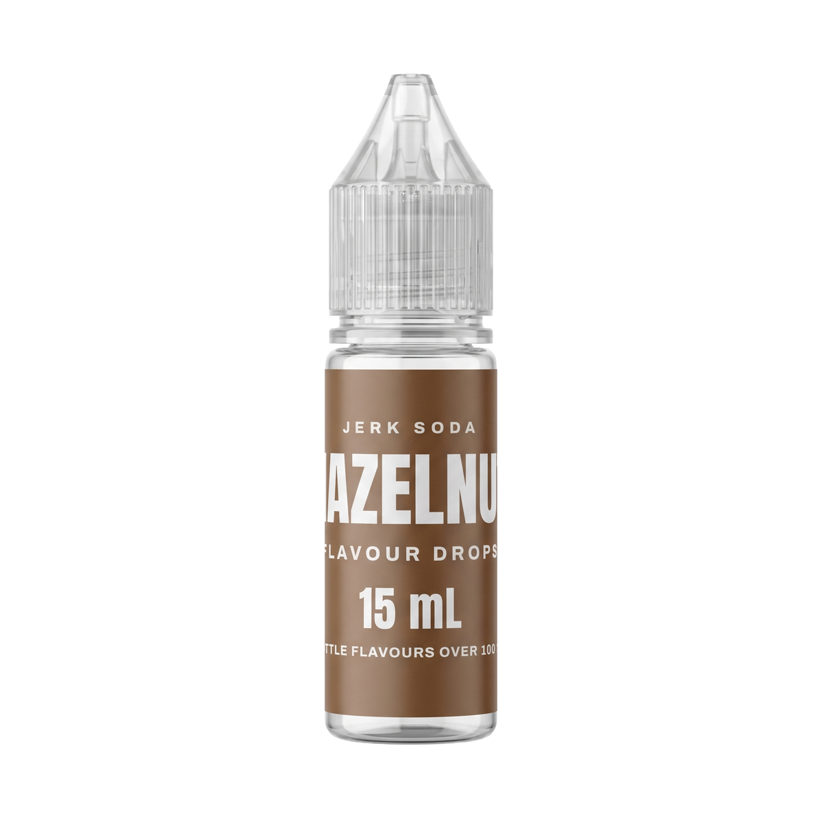 A 15 mL bottle of Jerk Soda Hazelnut Flavour Drops, brown label, clear dropper cap