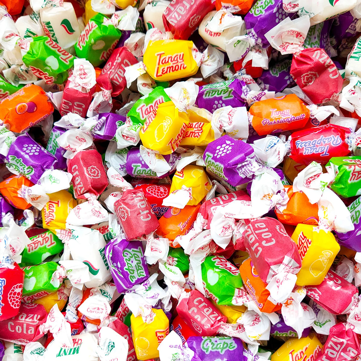 A bag of Carousel assorted toffees, individually twist wrapped in seven colours