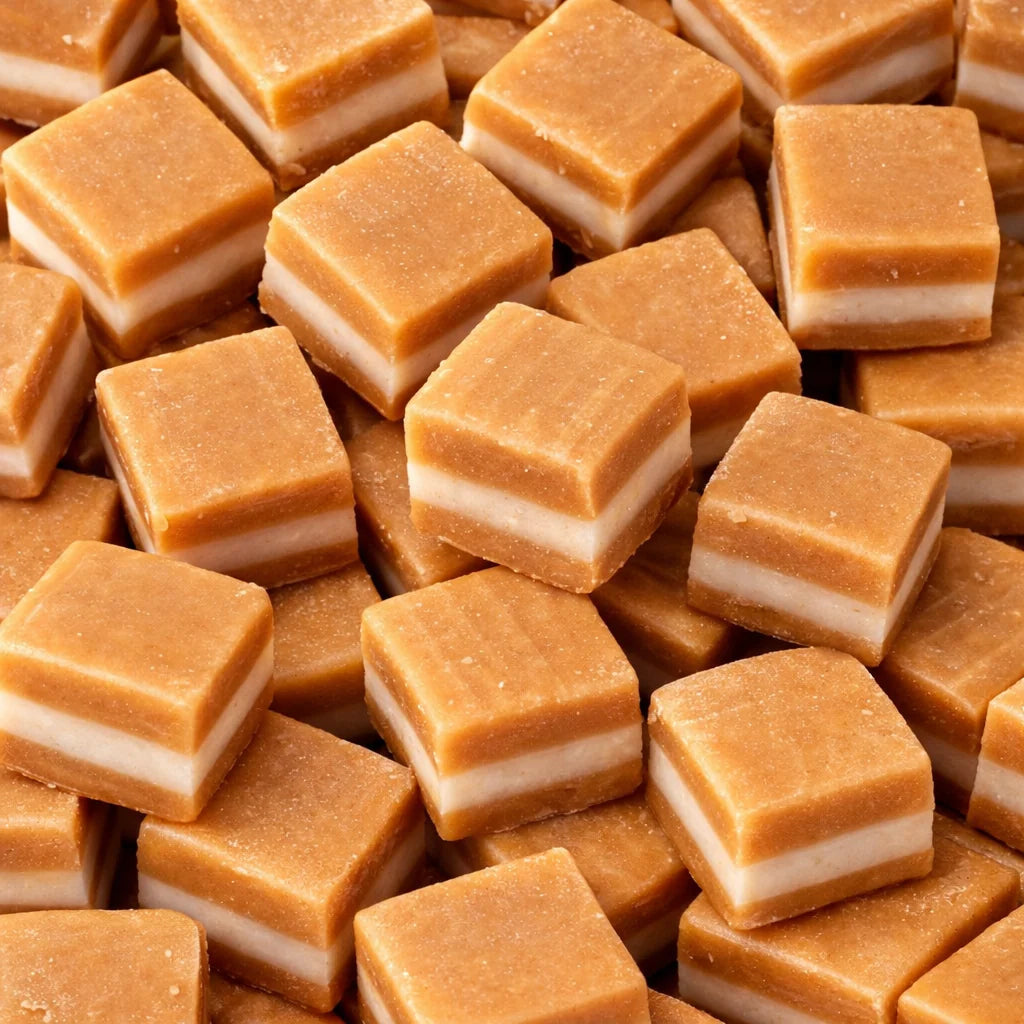 A bag of Carousel jersey caramels, three layer squares with a pale centre