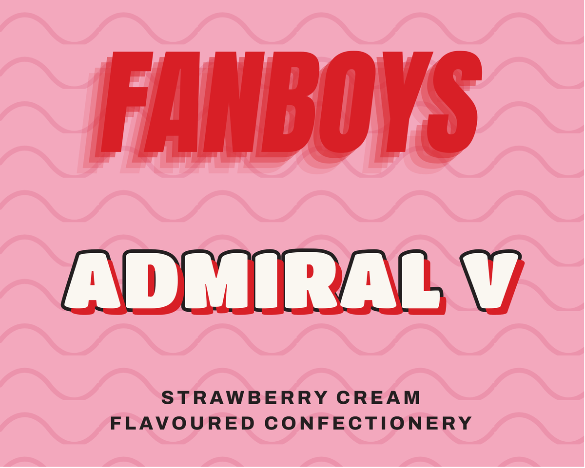 Fanboys Admiral V label, strawberry cream flavoured lollies, on a pink background