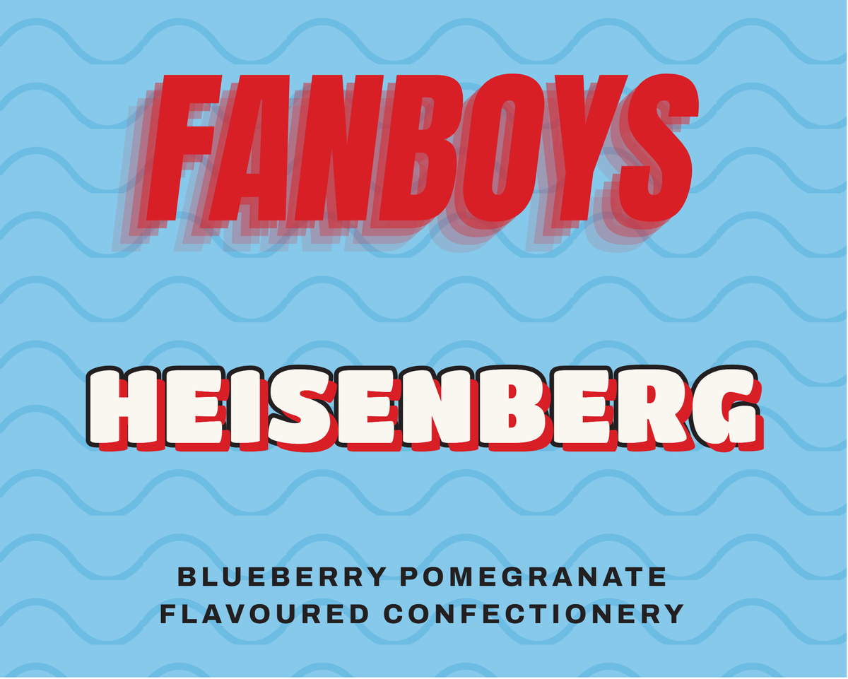 Fanboys Heisenberg label, blueberry pomegranate flavoured lollies, on a blue background