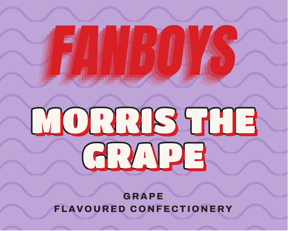 Fanboys Morris the Grape label, grape flavoured lollies, on a purple background