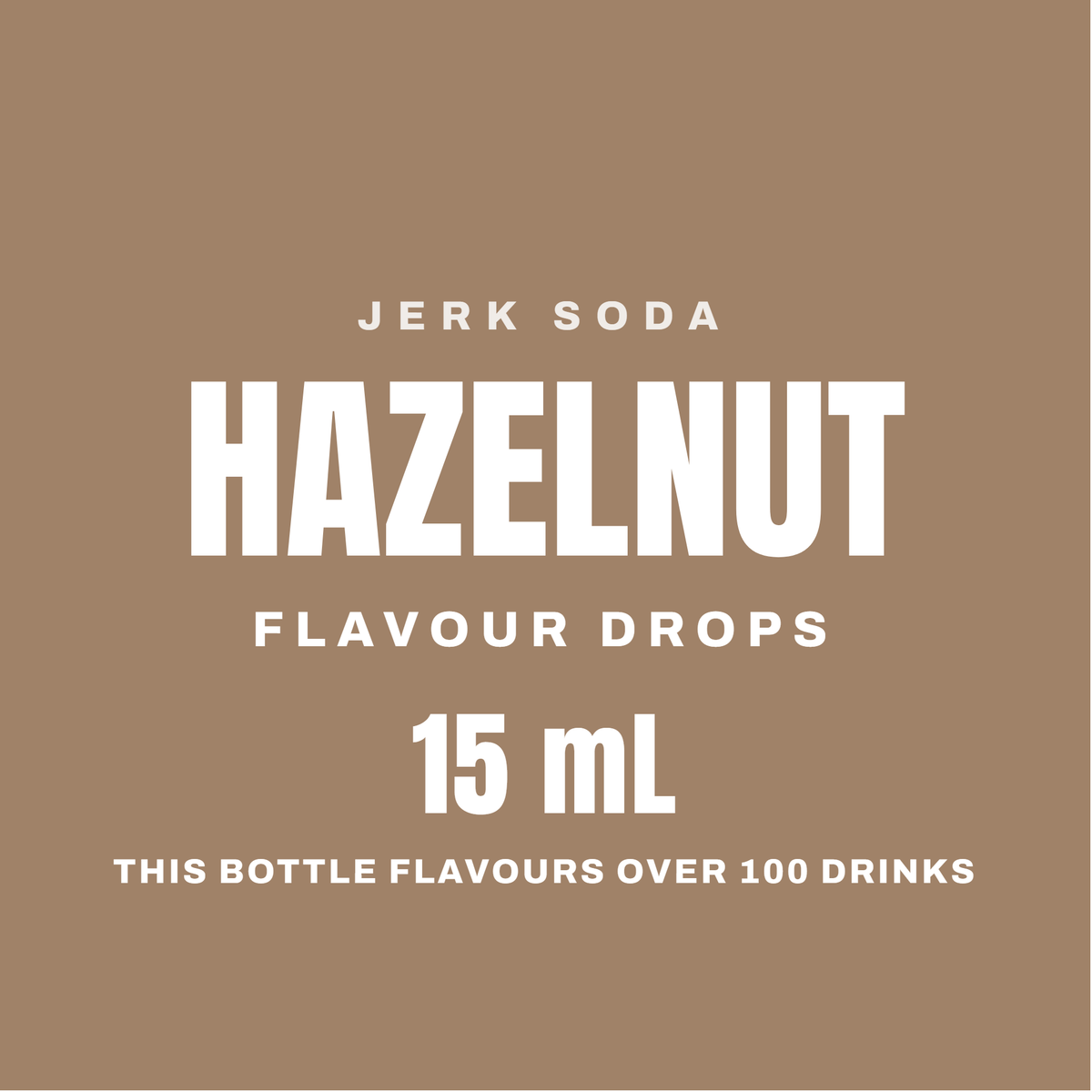 Hazelnut Flavour Drops, 15 mL. This bottle flavours over 100 drinks.