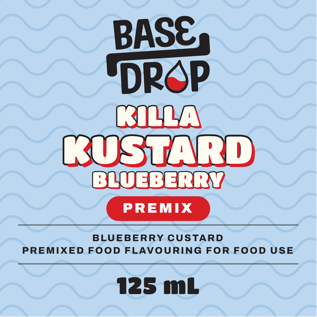 Killa Kustard blueberry custard premix label, 125 mL, on a blue background