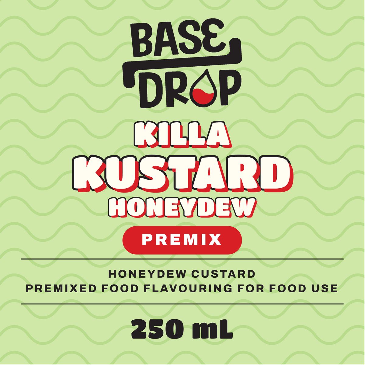 Killa Kustard honeydew custard premix label, 250 mL, on a green background