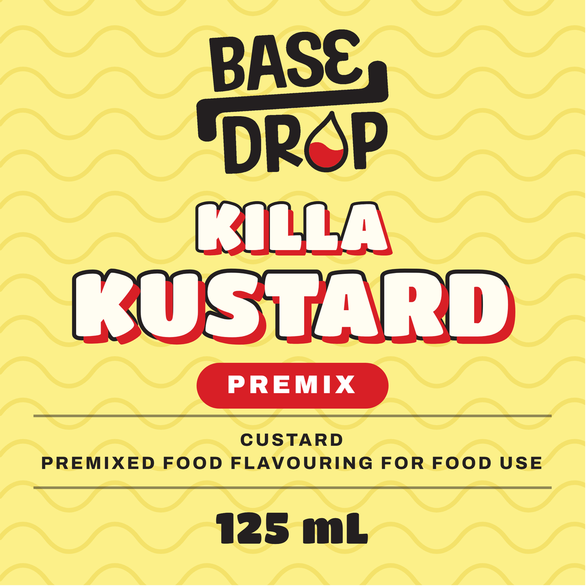 Killa Kustard custard premix label, 125 mL, on a yellow background