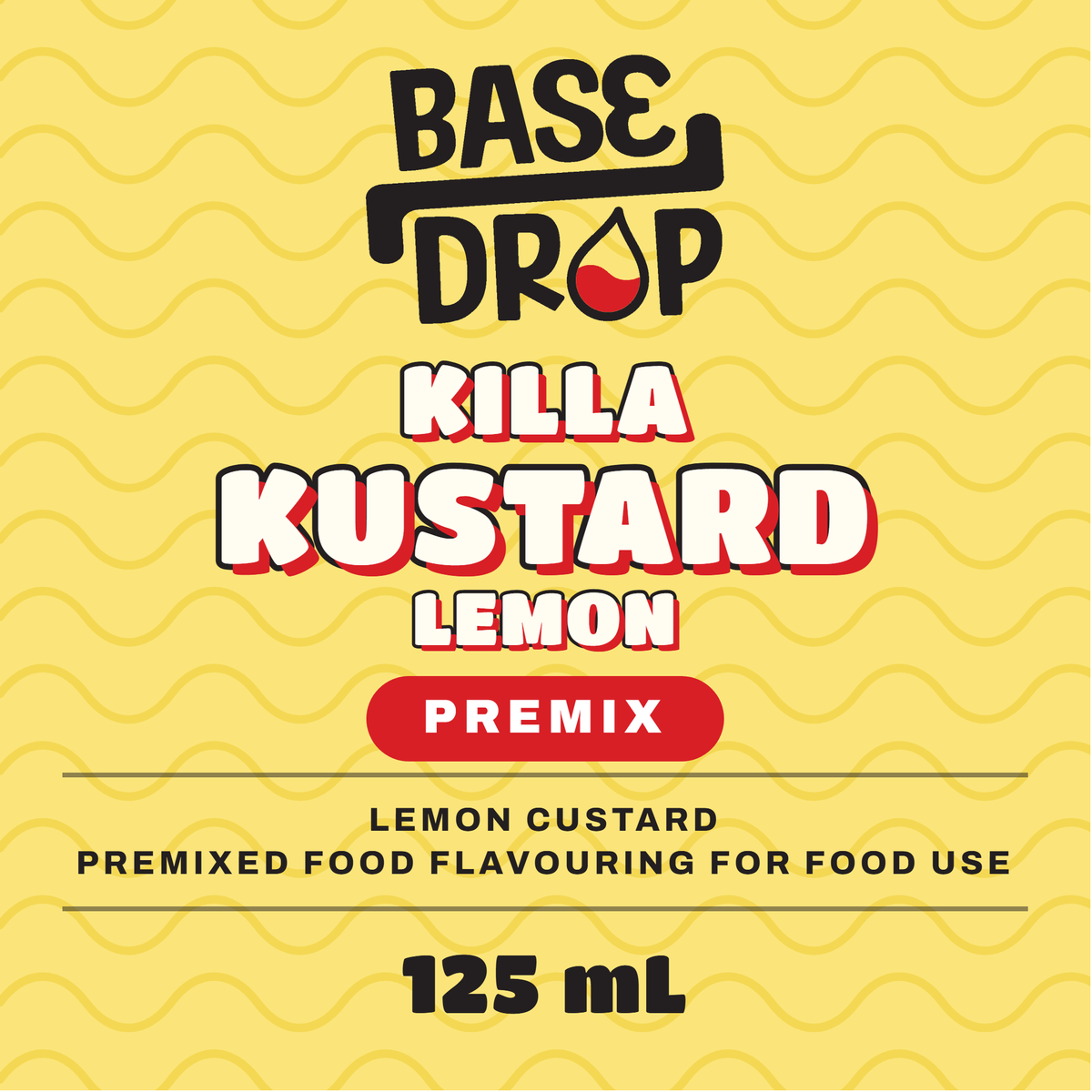 Killa Kustard lemon custard premix label, 125 mL, on a yellow background