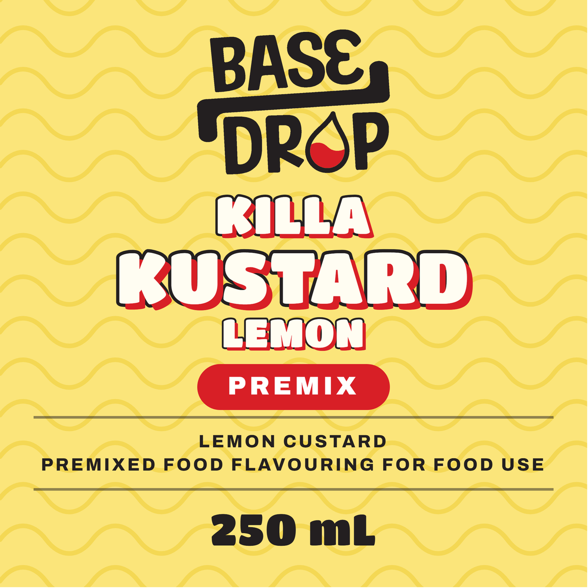 Killa Kustard lemon custard premix label, 250 mL, on a yellow background