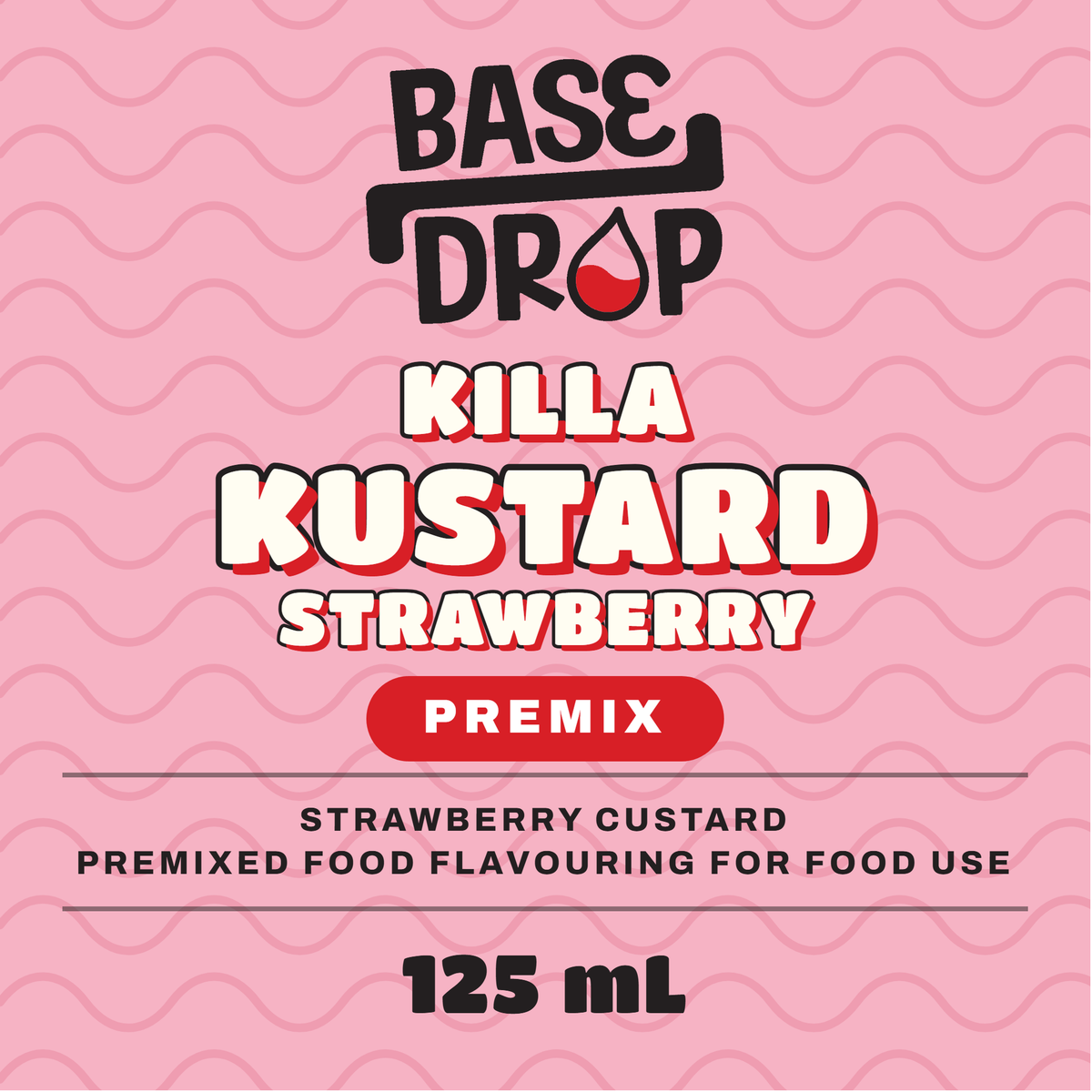 Killa Kustard strawberry custard premix label, 125 mL, on a pink background
