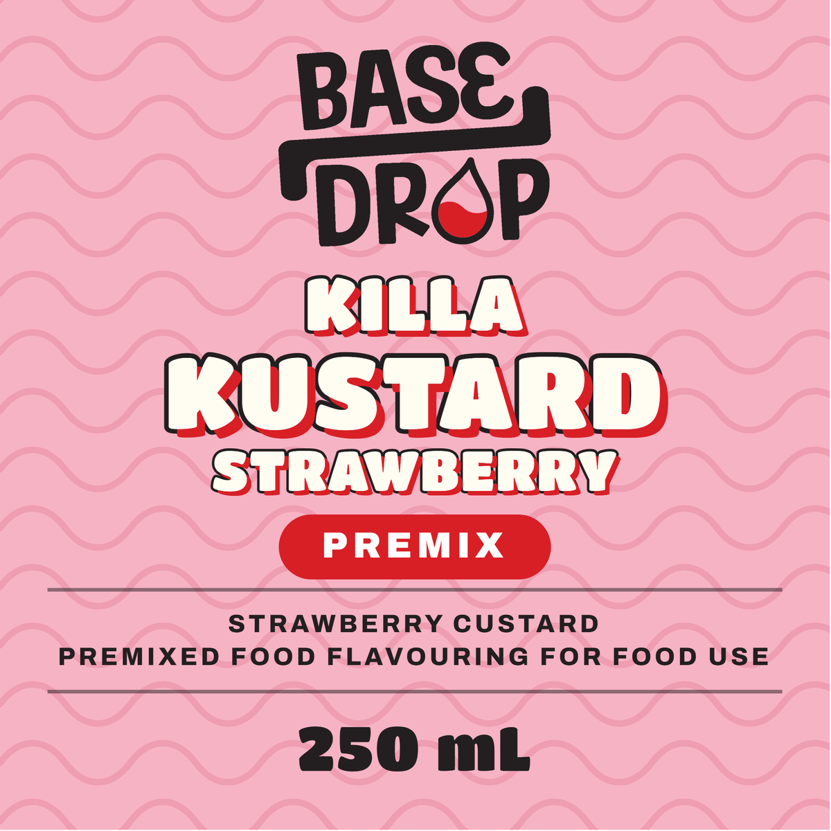 Killa Kustard strawberry custard premix label, 250 mL, on a pink background
