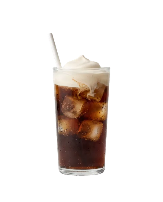A glass of cola over ice with cherry cream on top